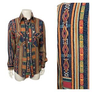 1960s Southwest Print Sheer Button Up Slim Fit Shirt / Women’s Small